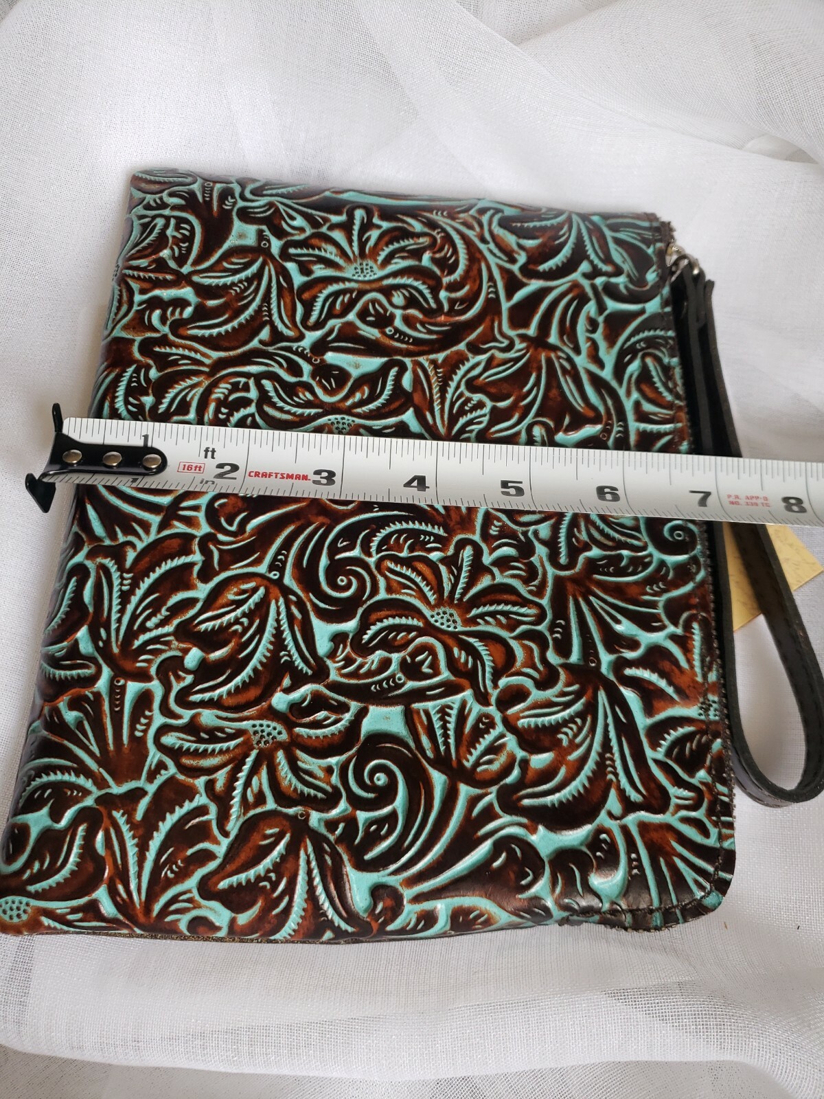 Patricia Nash Cassini Wristlet Tooled Turquoise Brown Leather P349133