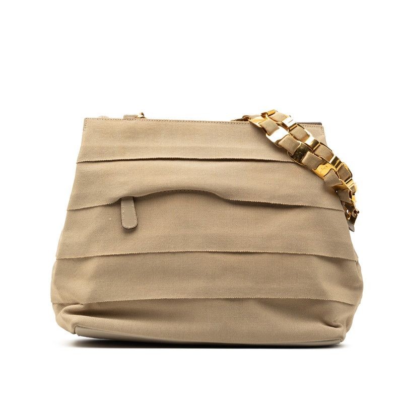 Authentic Salvatore Ferragamo Beige Canvas Leather Tiered Shoulder Bag 28cm x 24