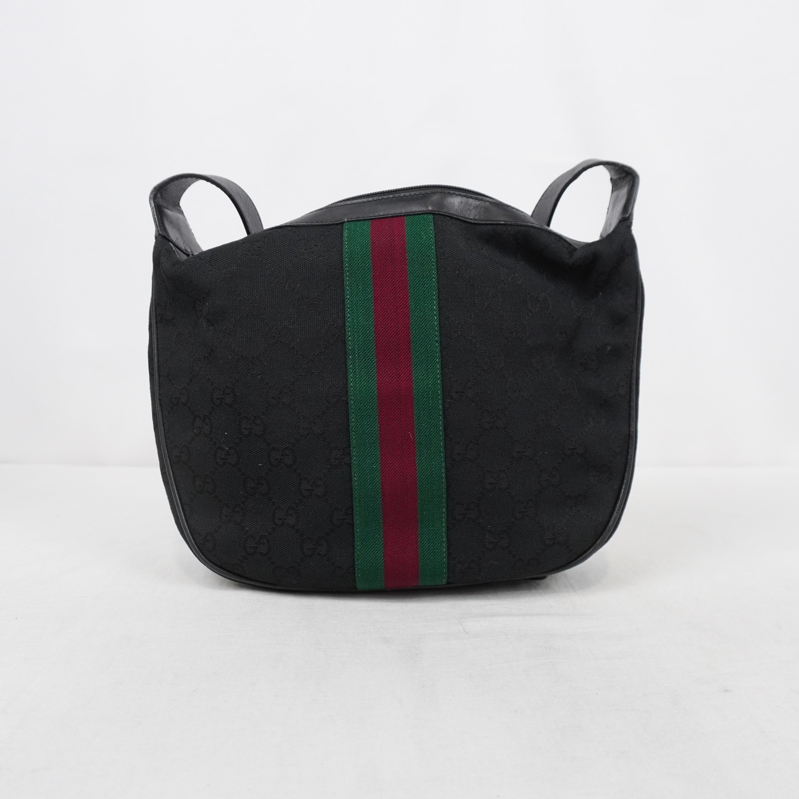 Gucci Vintage GG Canvas And Leather Shoulder Bag In Black With Web Stripe