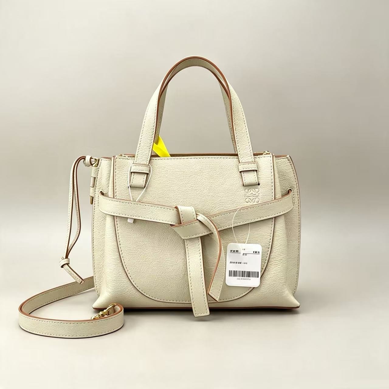 Auth Loewe Small White Grained Calfskin Leather Gate Top Handle Bag Crossbody