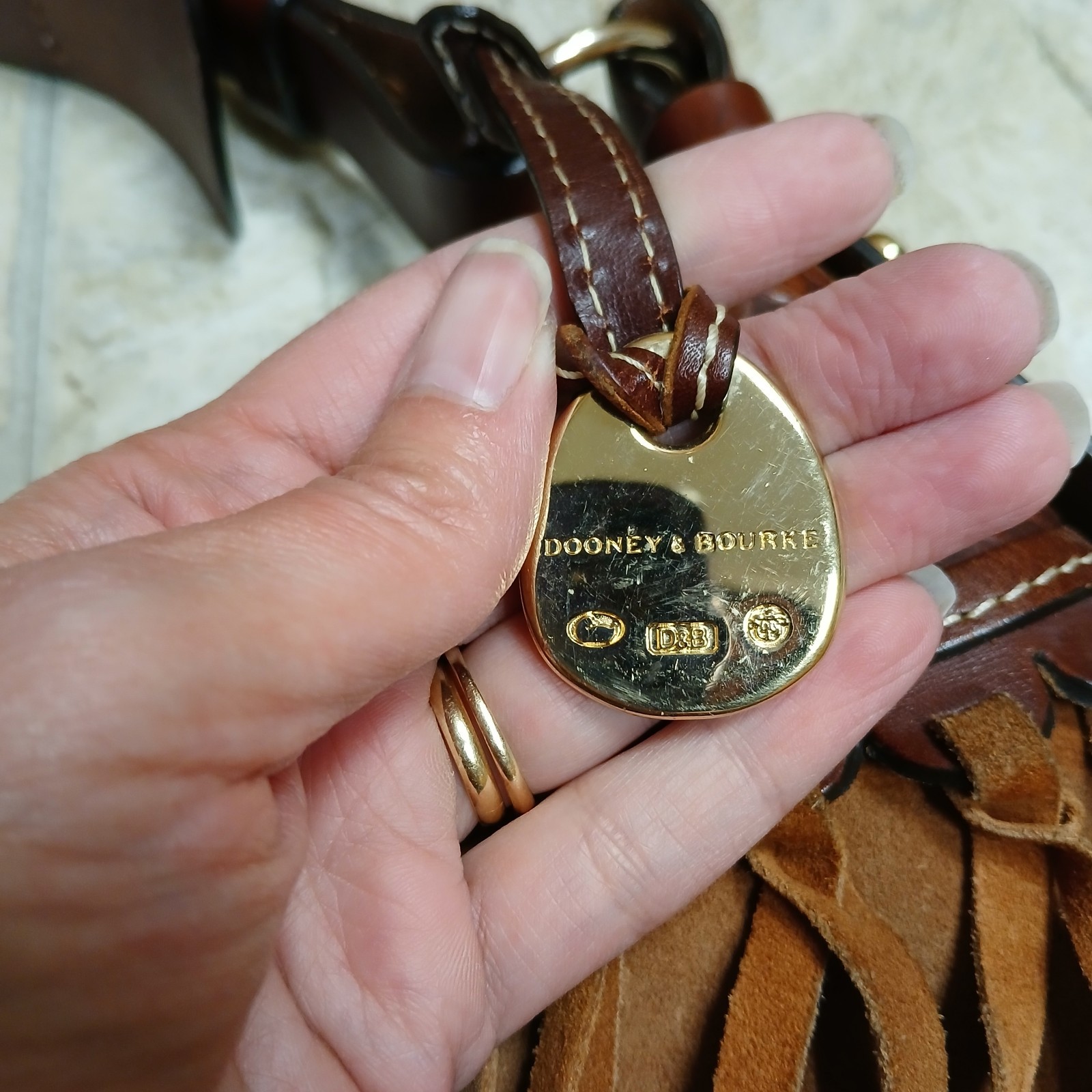 Dooney & Bourke Suede Fringe Hobo Bag Brown Heart Leather Duck Charm Y2K
