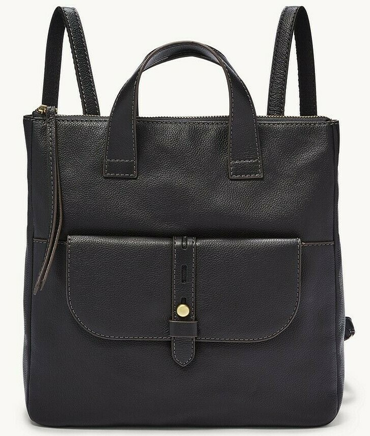 Fossil Hunter Black Leather Backpack SHB2695001 Brass Hardware NWT $180 Retail