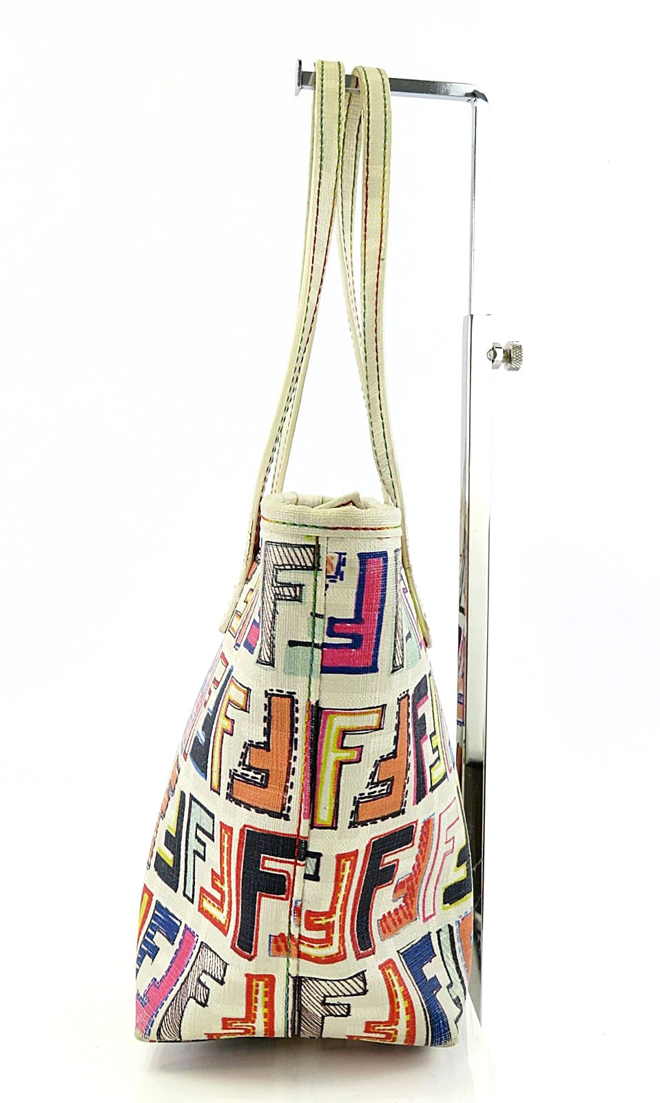 Authentic FENDI White and Multicolors PVC Canvas Tote Bag Purse #64025