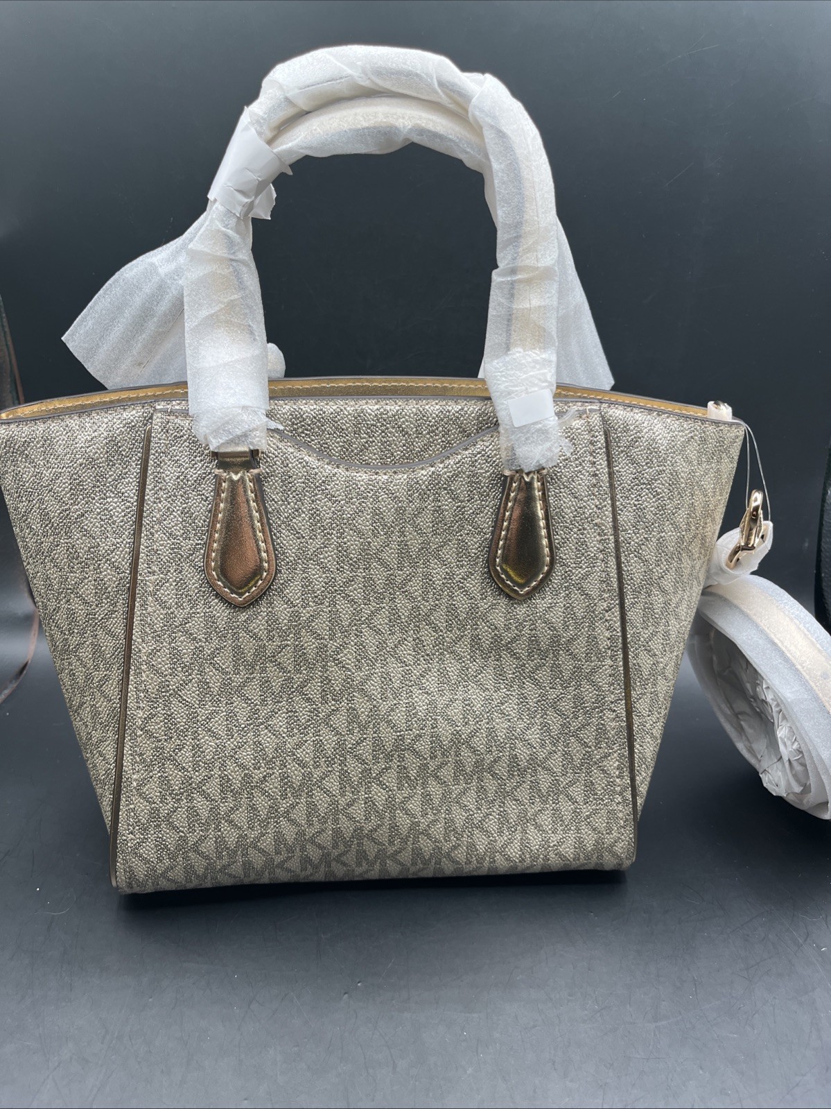 Michael Kors Taryn Small Canvas Convertible Beige Gold Crossbody Bag Purse NWT
