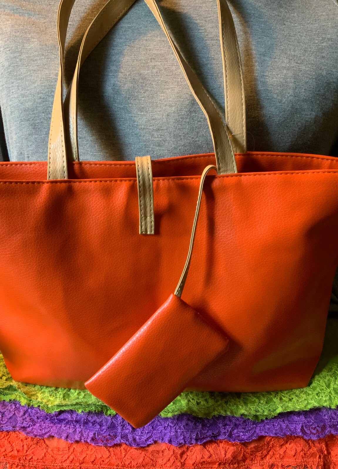 Handbag Orange & Beige Trim Multi-Color Zip Shoulder Bag Tote Hobo Coin Purse