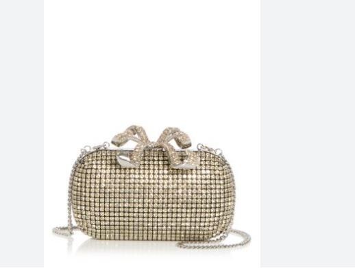 SELF PORTRAIT chain strap crystal embellished bow clutch bag – Champagne/Gold~