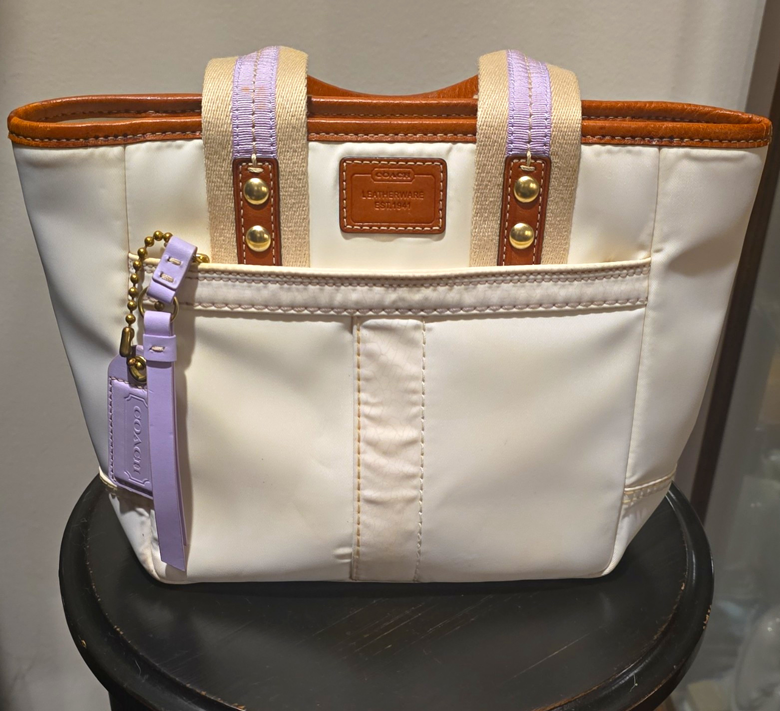 Vintage Coach Hampton Nylon Mini Tote F10694 Ivory White Lilac Purple 2006 Y2k