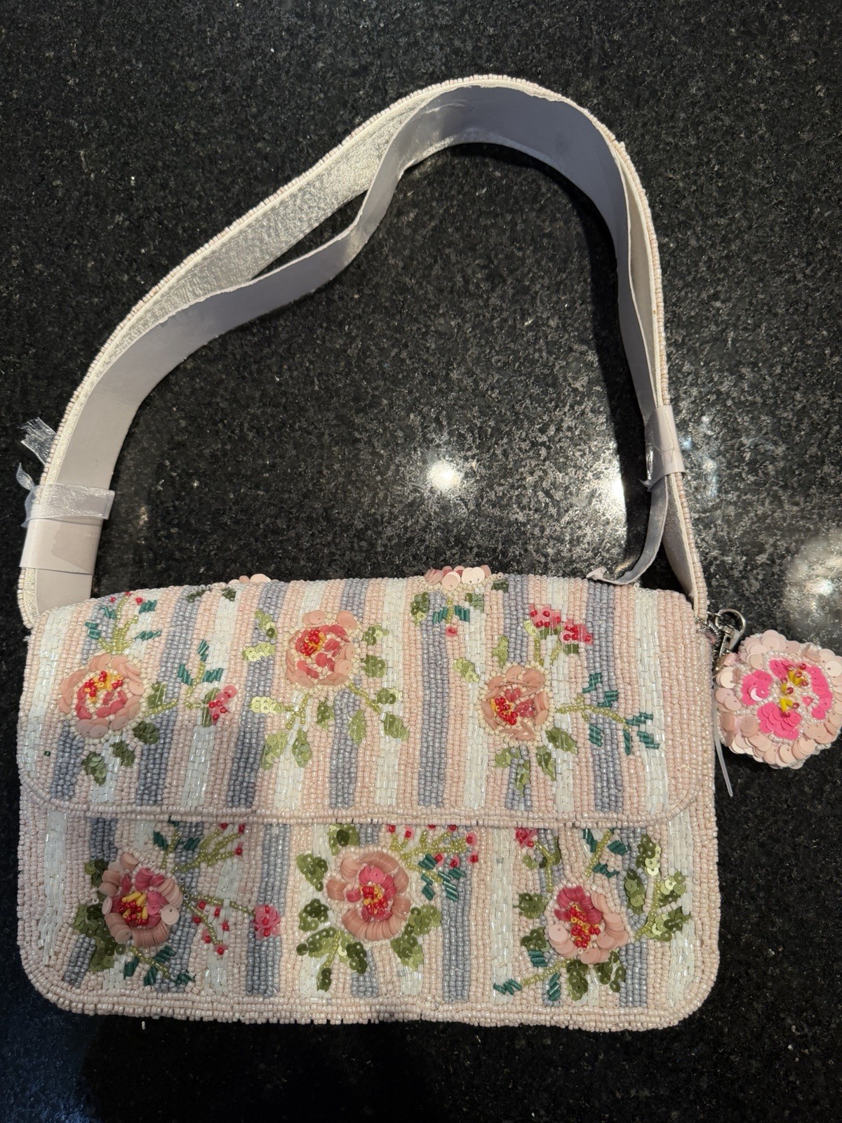 Beaded Floral Striped Shoulder Bag Purse, Magnetic, Lined, Sequin Flower Charm