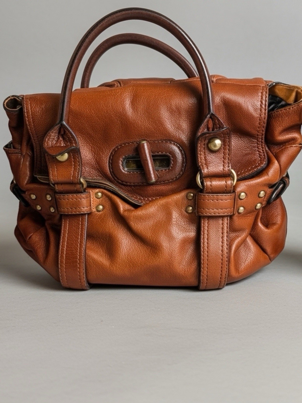 Hype Brown Satchel Top Handle Bag Buckle Zip Studded Gold Hardware Pockets