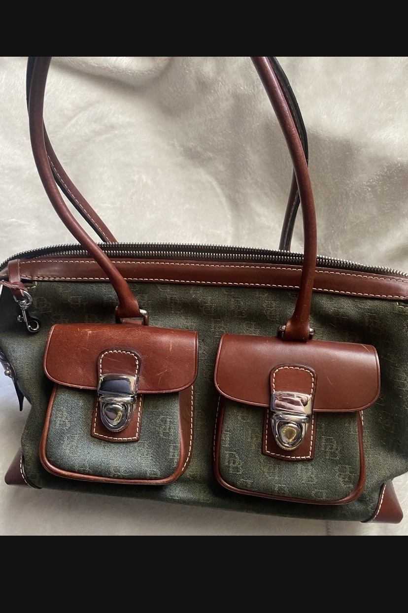 Dooney & Bourke Logo Shoulder Bag Green/Brown Zip Front Pockets Lined