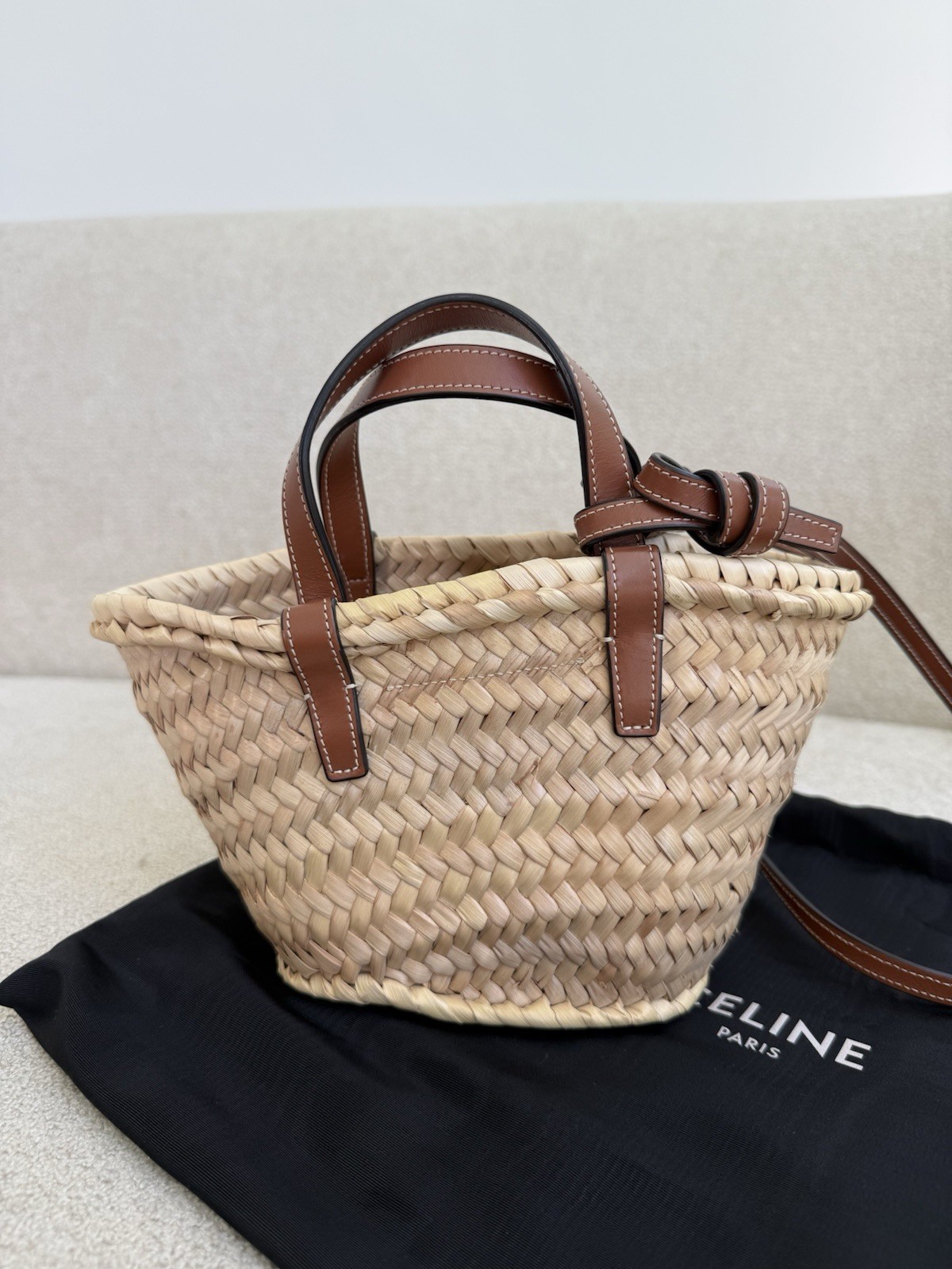 Celine Panier Shoulder Bag Raffia and Leather Brown