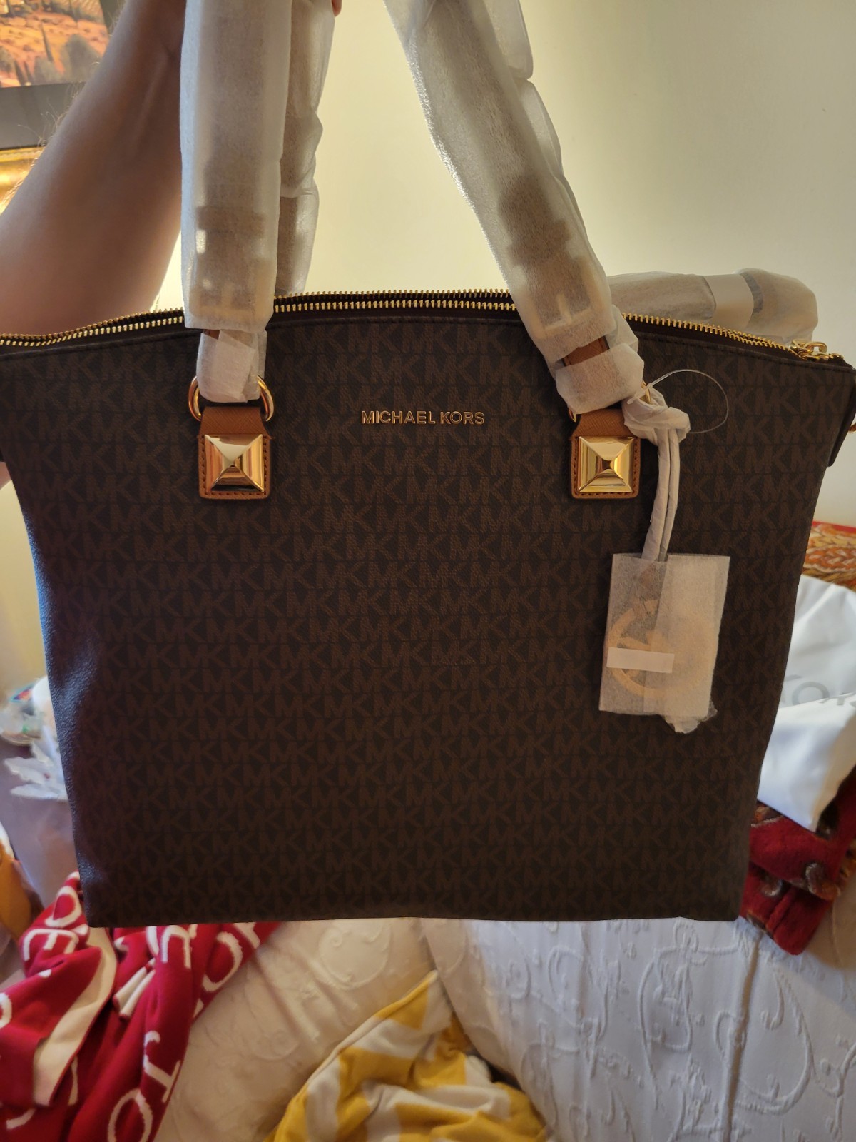 Michael Kors Karla Large MK Signature Brown Zip Tote Bag Gold Hardware Lined