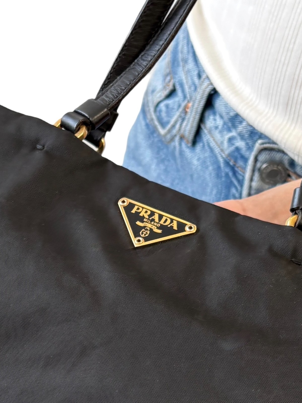 PRADA Vintage Triangle Logo Tessuto Tote Shoulder Bag Black Gold Nylon 902298