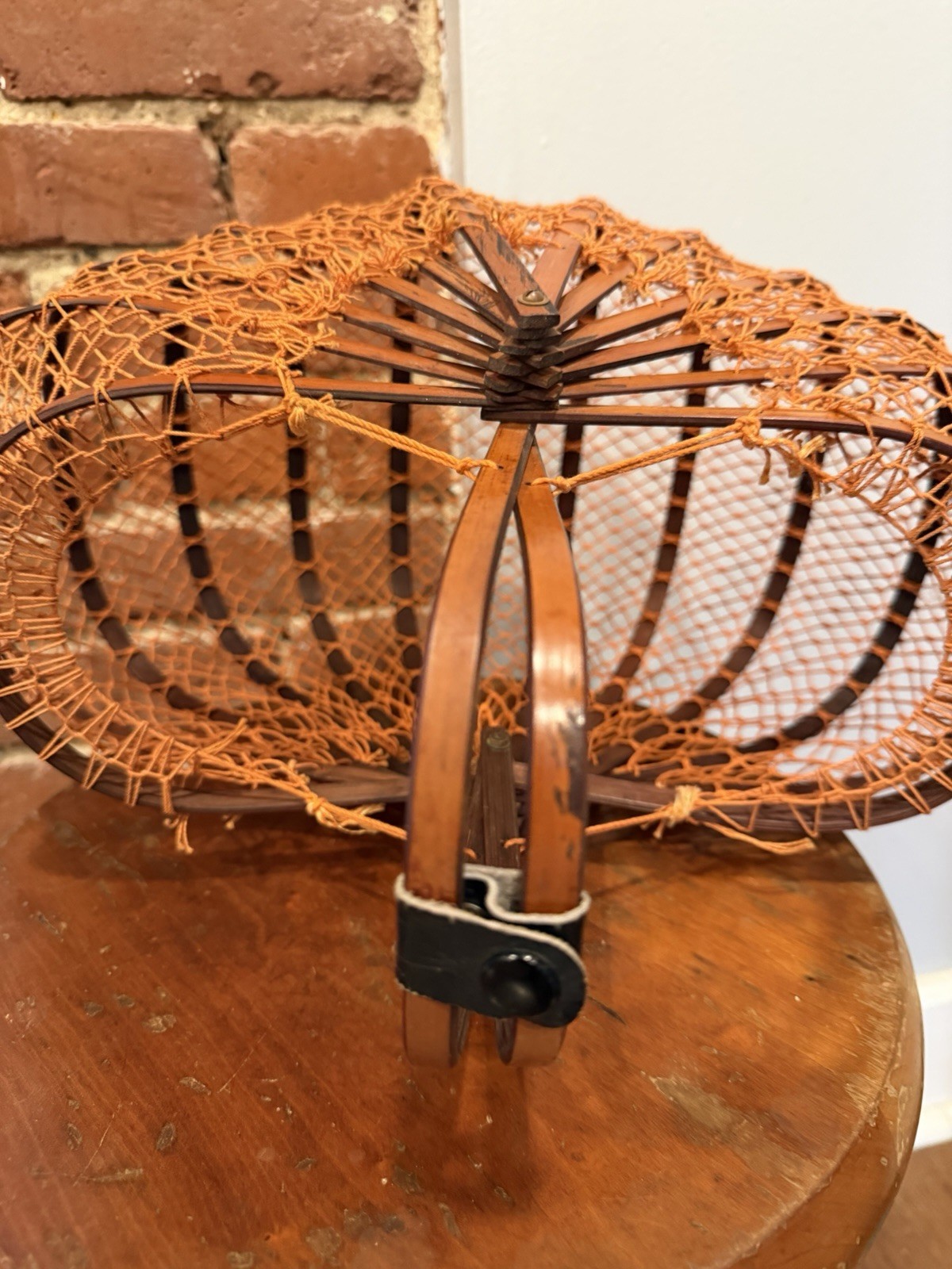 Vtg 1950s Japanese Folding Bamboo Basket Purse Orange Fishnet Collapsible Bag