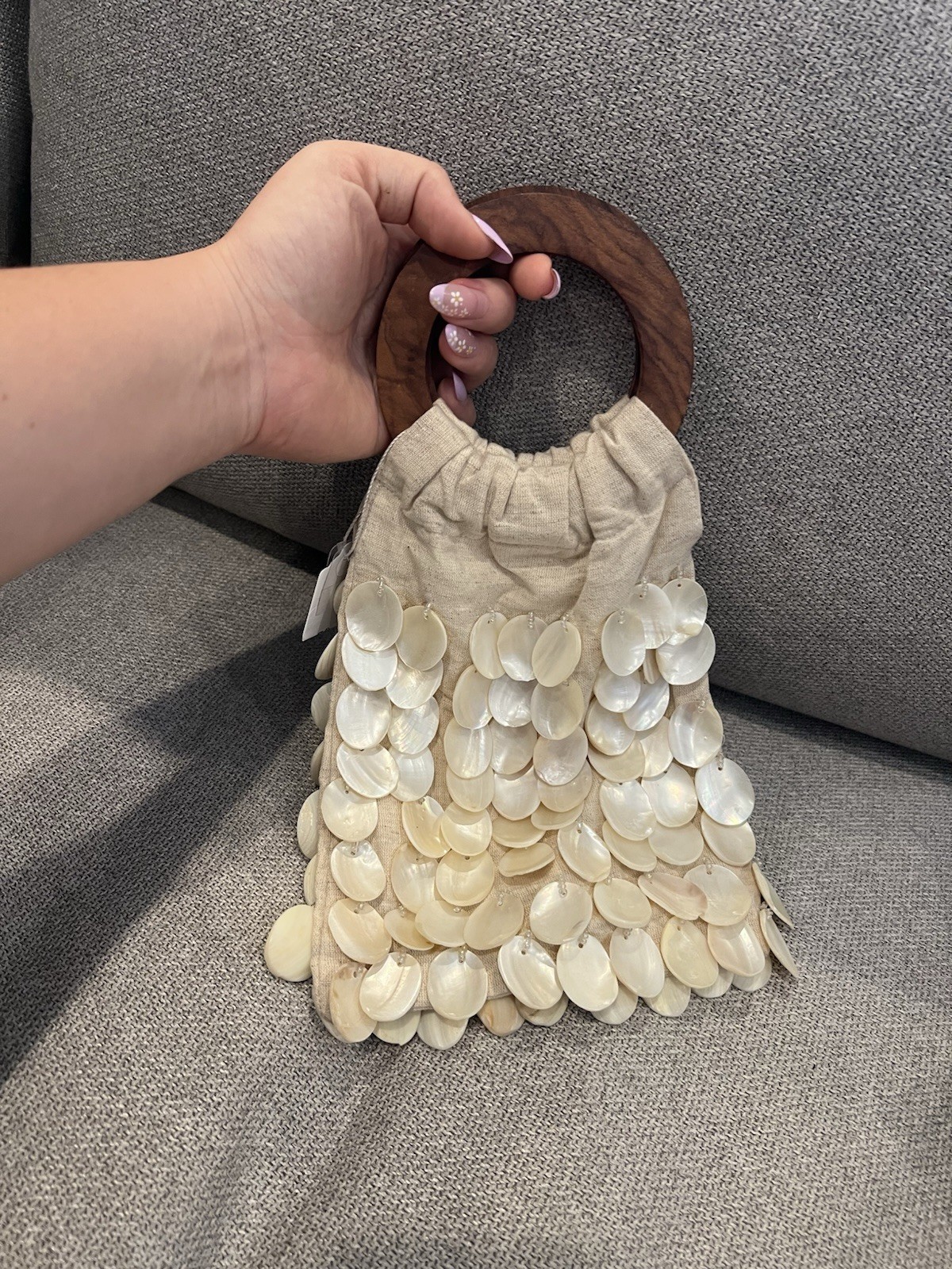 New Beige Linen Sea Shell Handmade Linen Capiz Shell Purse with Wood Handle