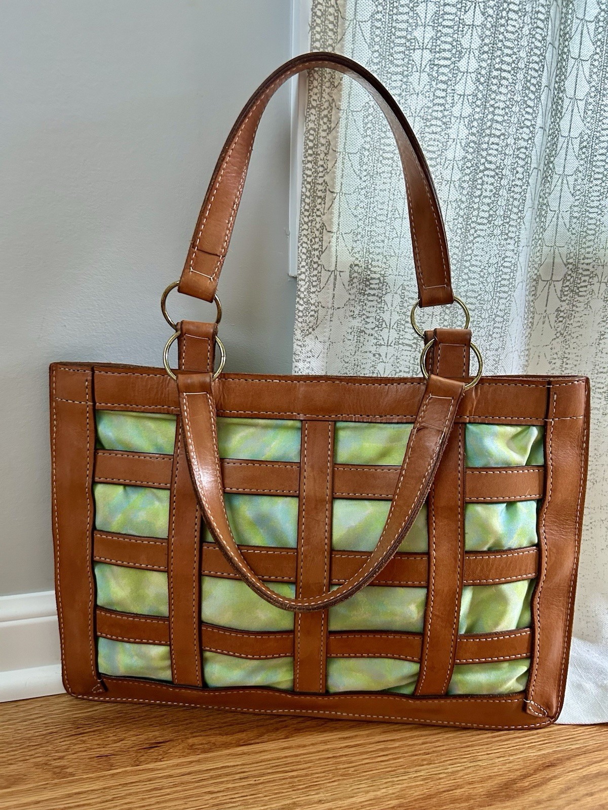 MITZI BAKER Woven Leather Satchel Purse Tech Tote Handbag Tan & Green RARE •L•EC