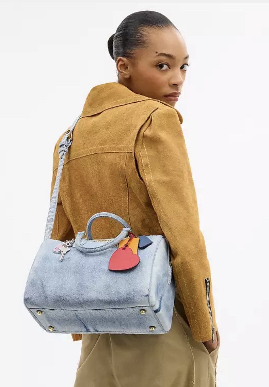 NWT CDY75 Coach Rowan Large Satchel Bag In Loved Denim With Charms Light Indigo