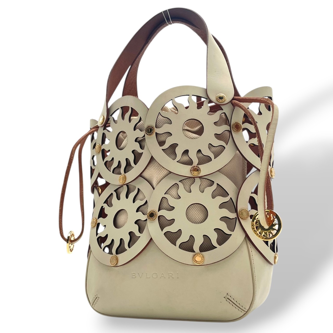 Authentic Bvlgari Tondo Sun Handbag Leather Canvas Off White Womens Bag