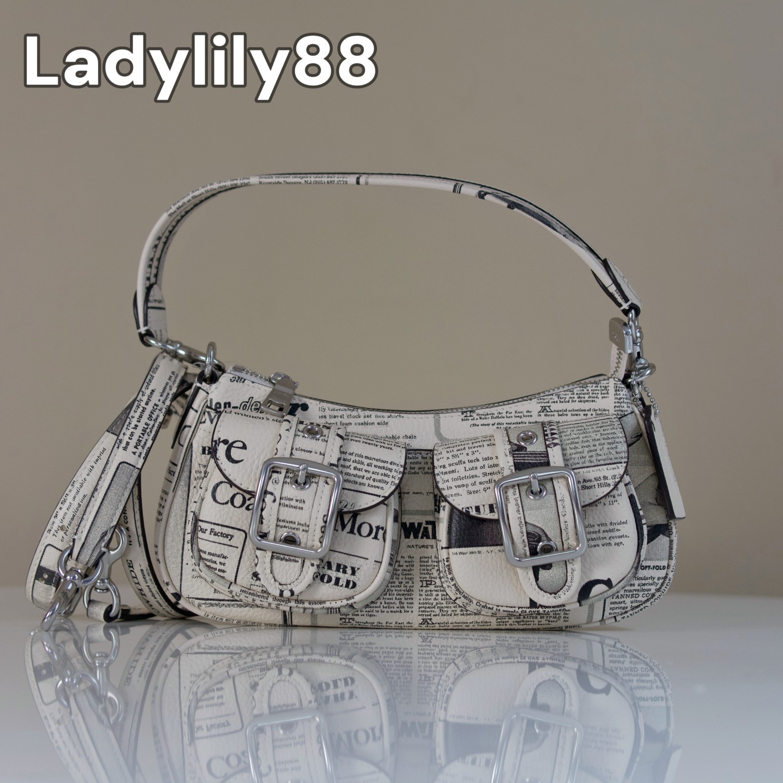 NWT Coach CDC12 Ashton Shoulder Bag With Newspaper Print Pebble Leather $325