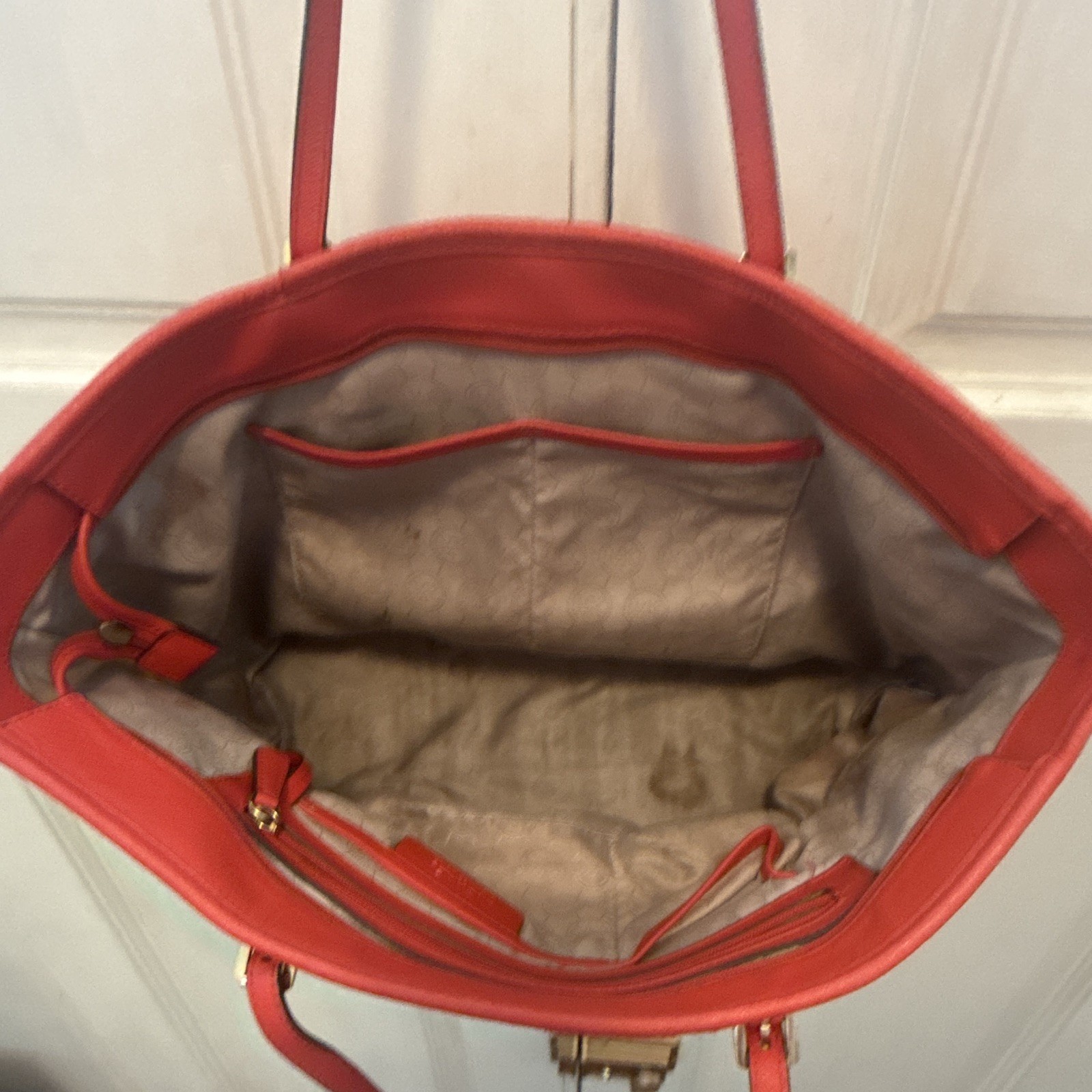 Michael Kors Colorblock Orange/Brown Large Tote Zip Top Detachable Strap Gold