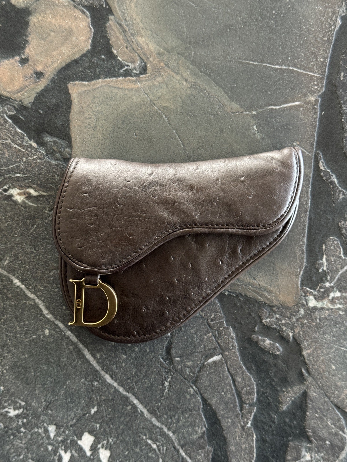 Christian Dior Vintage Saddle Coin Purse Ostrich Leather Brown Galliano Era