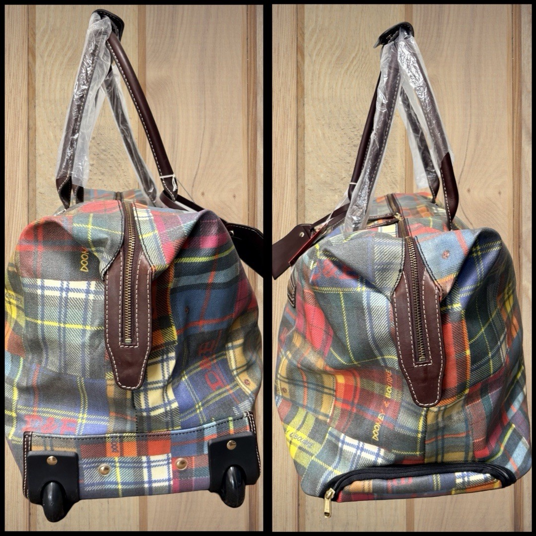 Dooney Bourke Madras Plaid Tartan XL Rolling Travel Duffle Luggage Bag Vintage