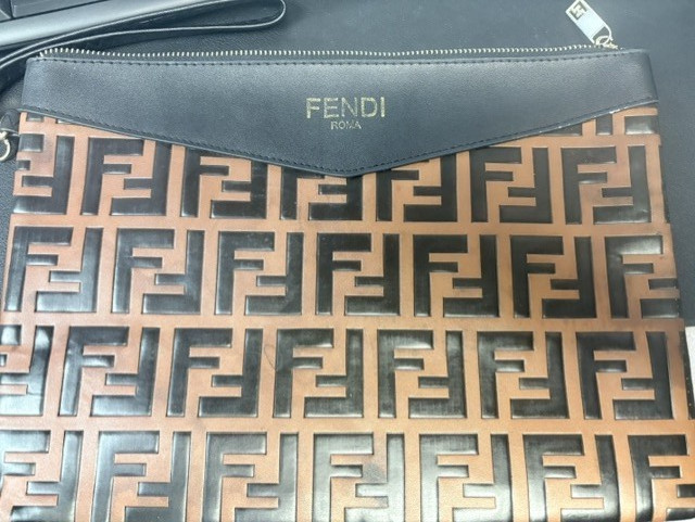 Fendi Large Embossed Leather Wristlet Pouch with Flat Logo Design