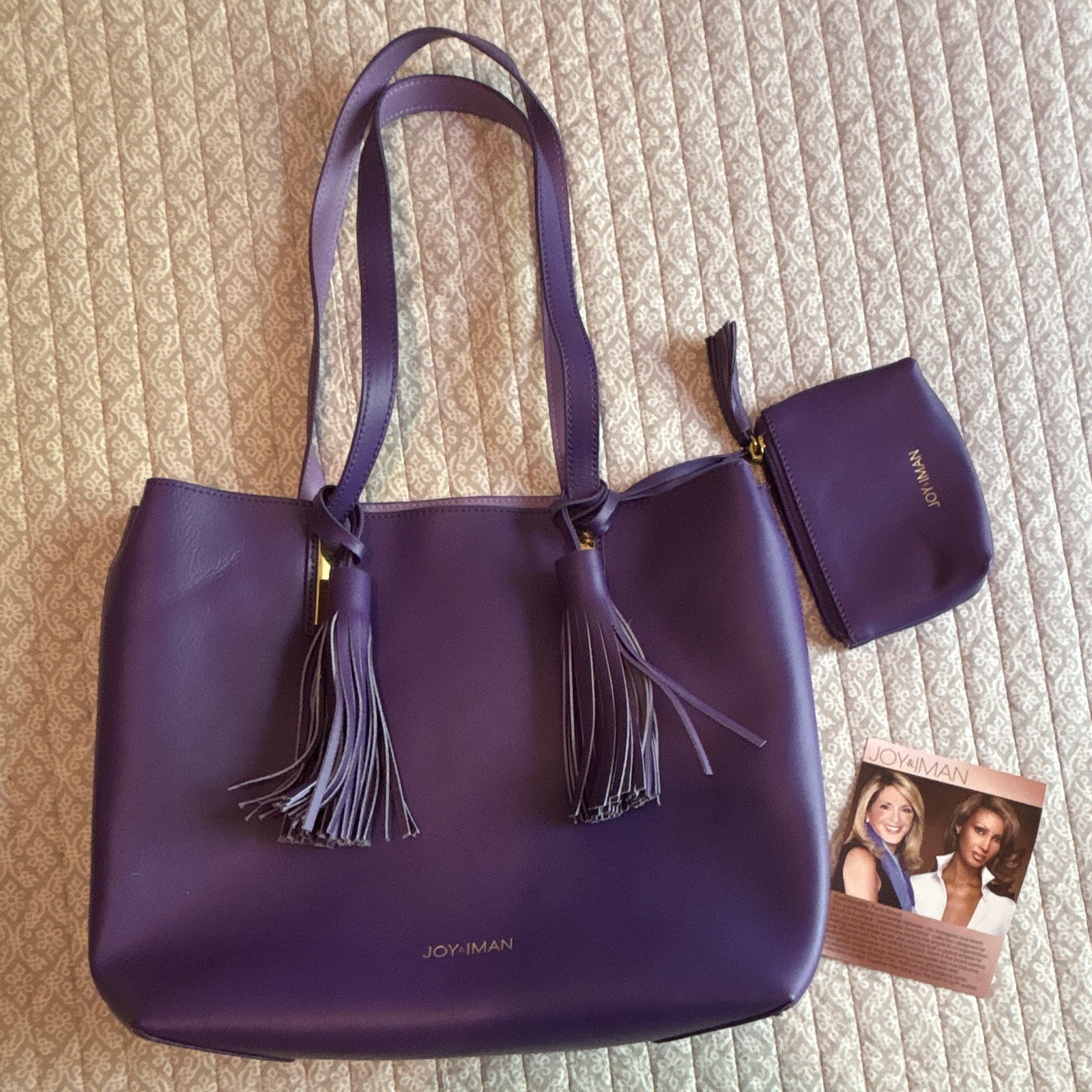 JOY & IMAN Purple Tote Bag Tassel Zip Lined Inner Pockets Coin Purse