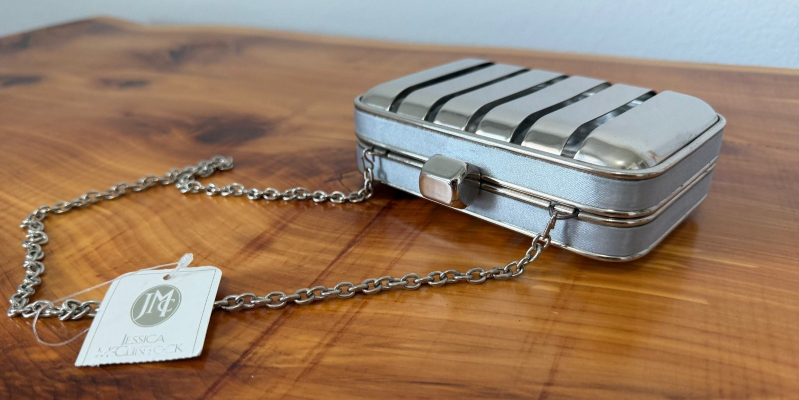 Jessica McClintock Silver Tone Metal Mini Clutch Bag with Chain Strap