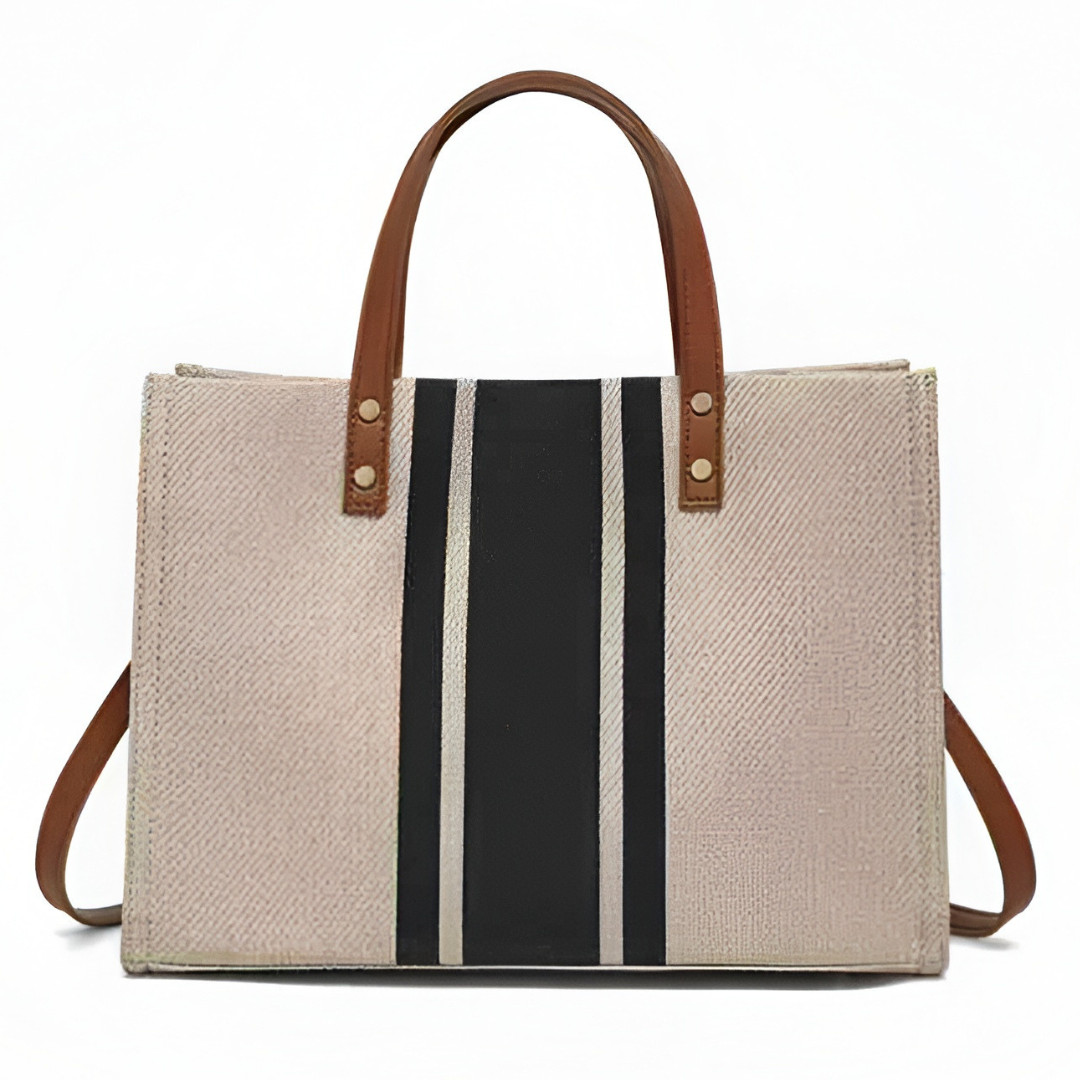 Luxuary Beige Tote Bag Black Stripe Leather Handle Shoulder Work Handbag Women