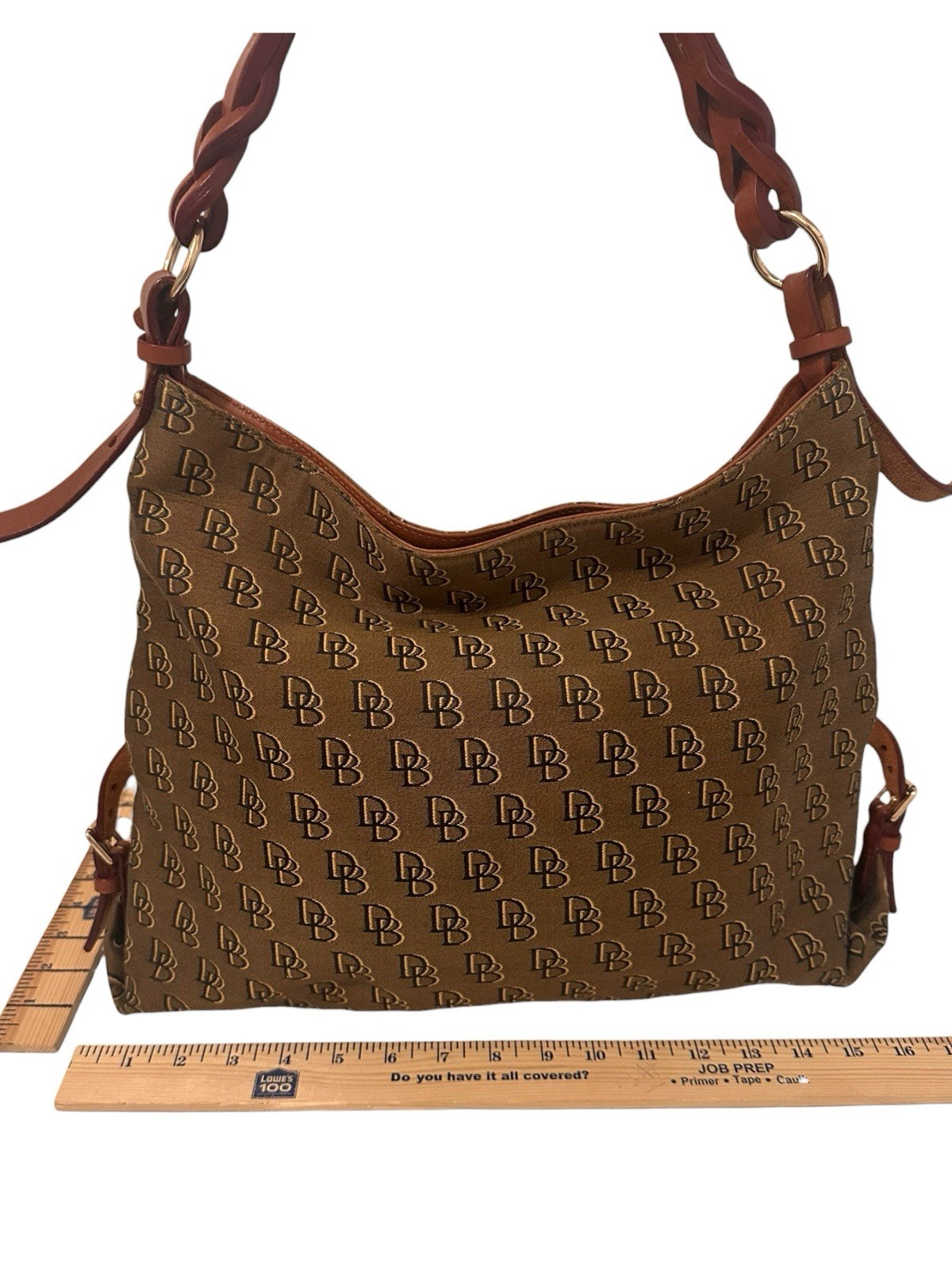 Dooney & Bourke Signature DB Logo Tan Canvas Braided Leather Shoulder Handbag