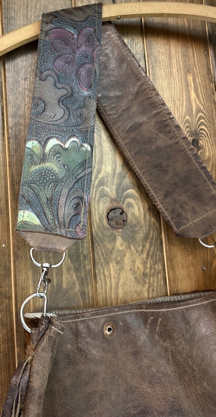 Dancing Cactus Design Genuine Leather Cowhide Boho Tooled Thick Strap Purse