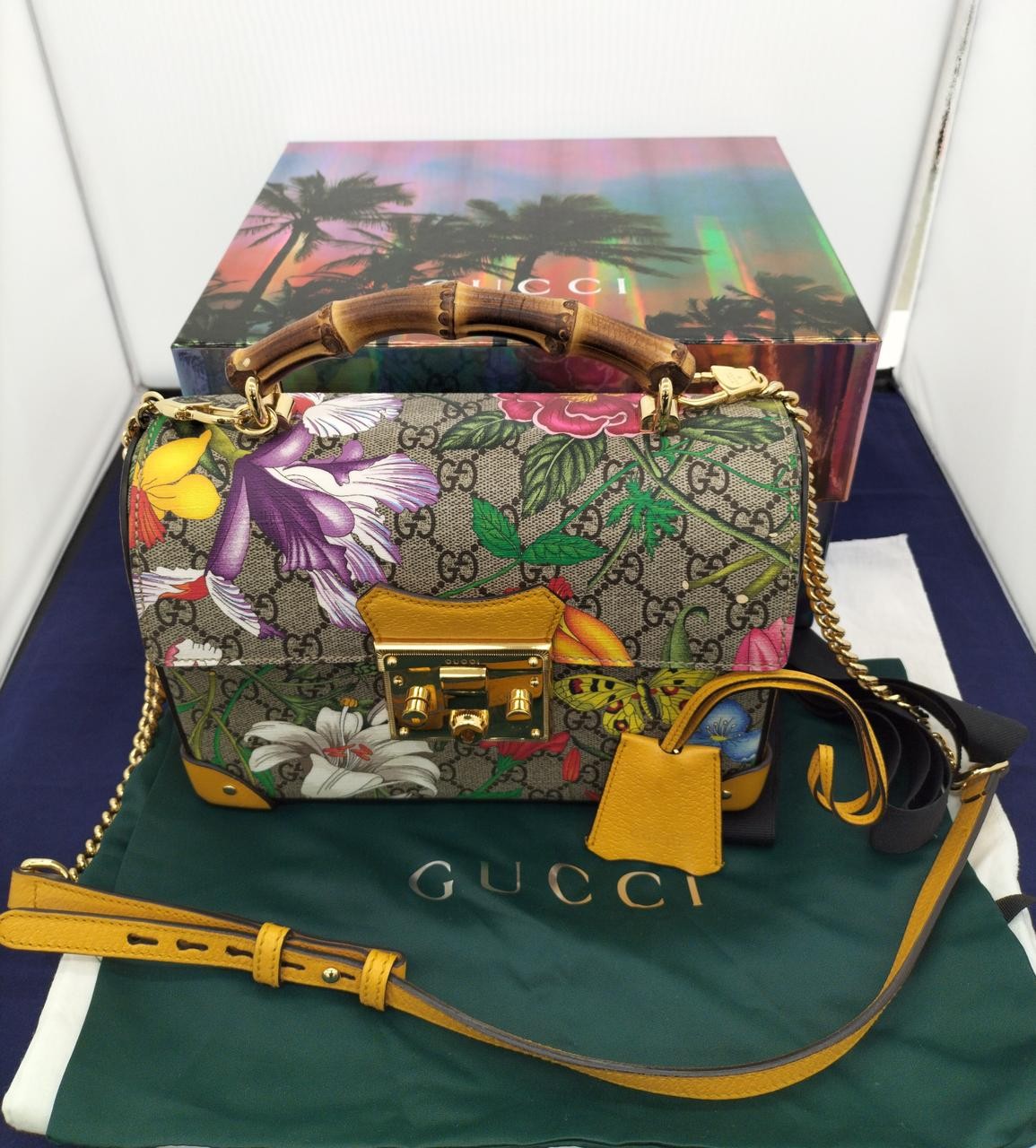 GUCCI Padlock GG Flora Small Bamboo Shoulder Bag 603221 Chain w/Box Auth