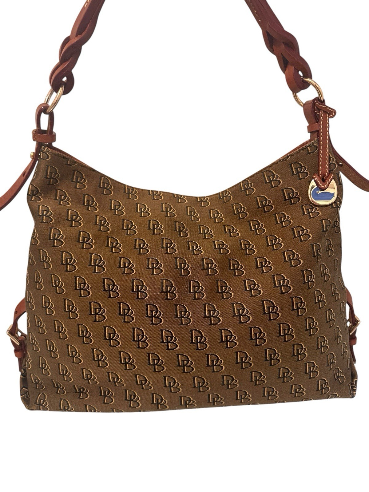 Dooney & Bourke Signature DB Logo Tan Canvas Braided Leather Shoulder Handbag