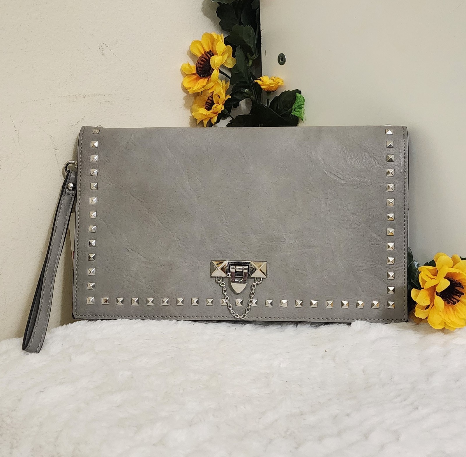 Gray Studded Clutch Chain Accent Wrist Strap Turn Lock Silver Hardware Women
