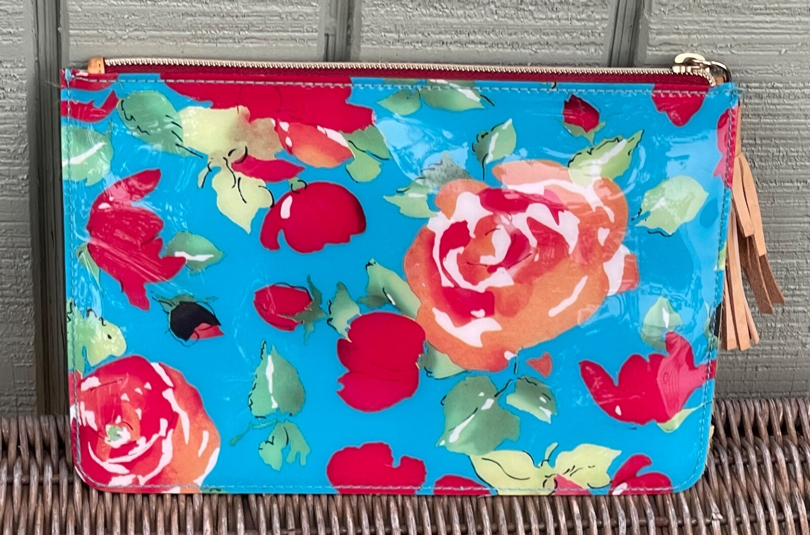 Dooney & Bourke Blue Red Cabbage Rose Carrington Pouch Clutch Tassle Makeup Bag