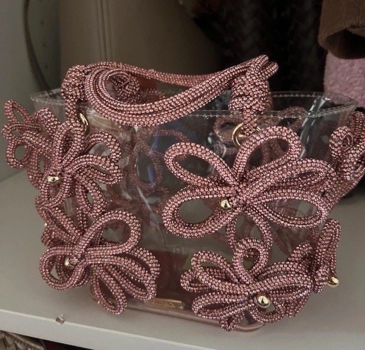 Cult Gaia Clear/Pink Beaded Floral Top Handle Bag Detachable Crossbody Small