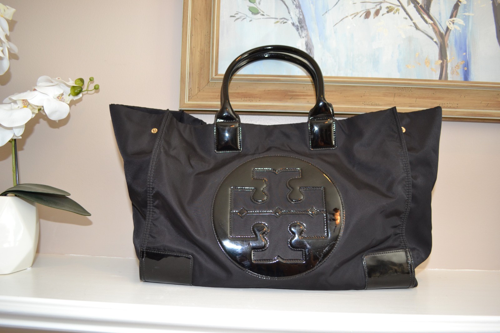 Tory Burch X2108 Black Patent Leather Nylon X-Large Tote Size 23/17x13x5 in