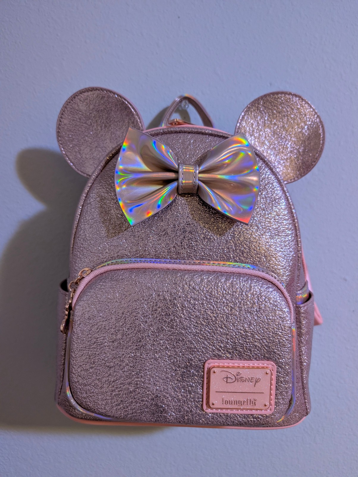 Loungefly Mini Backpack Hard Tag Pink Shiny with attached bow and ears Brand New
