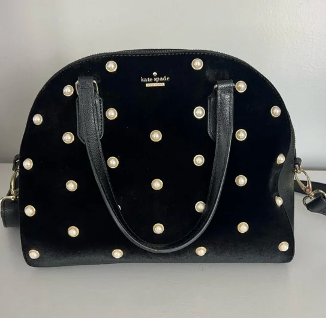 Kate Spade New York Reily Laurel Way Blk Velvet Pearl Stud Crossbody Handbag EUC