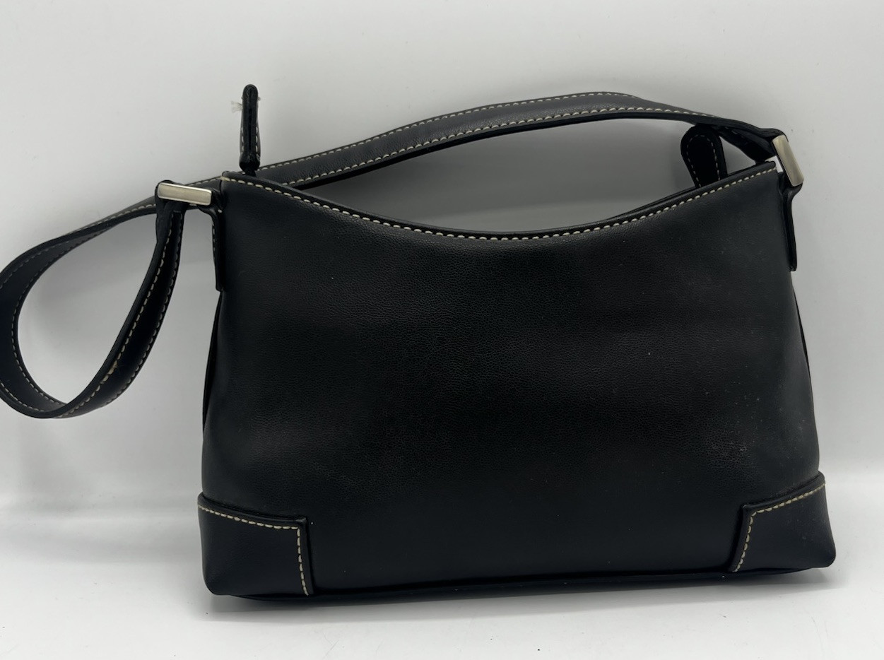Liz Claiborne Handbag Black With Black & White Plaid Lining 10 Inch Strap