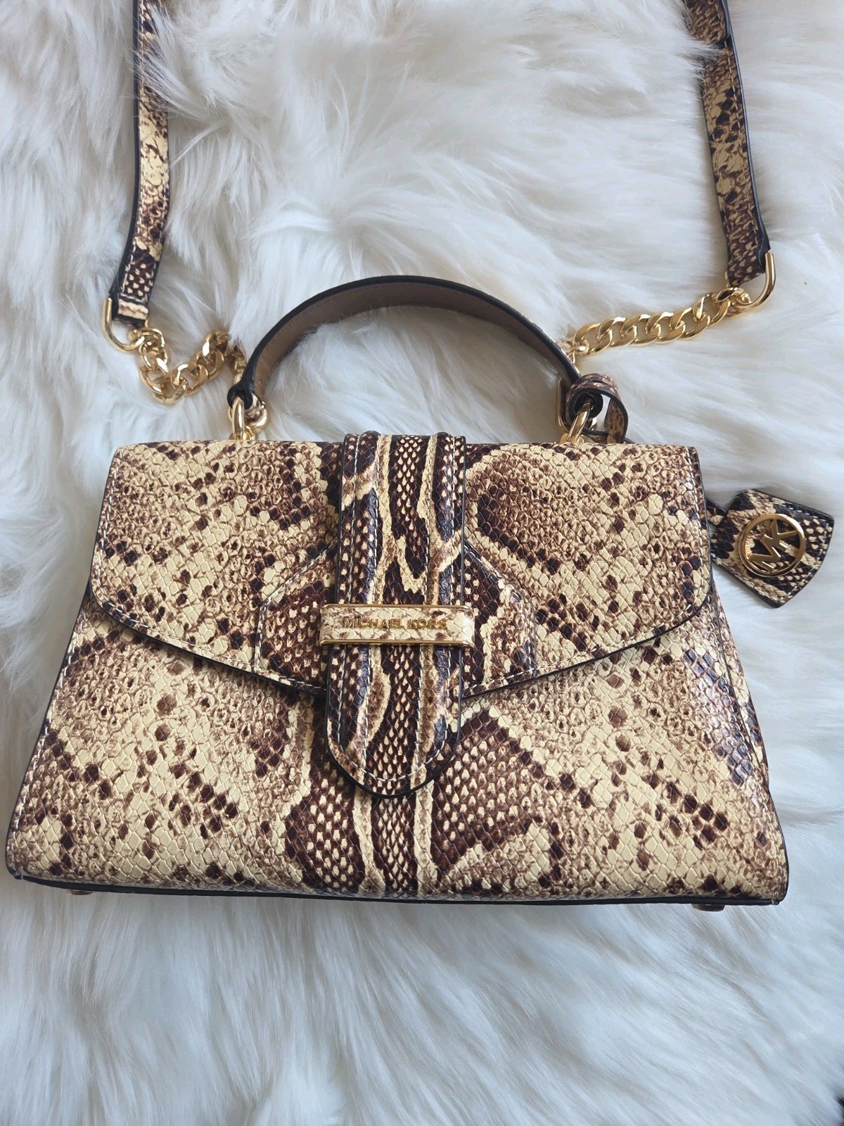 BRAND NEW MICHAEL KORS BLEECKER SNAKESKIN TOP HANDLE SATCHEL NATURAL NWT