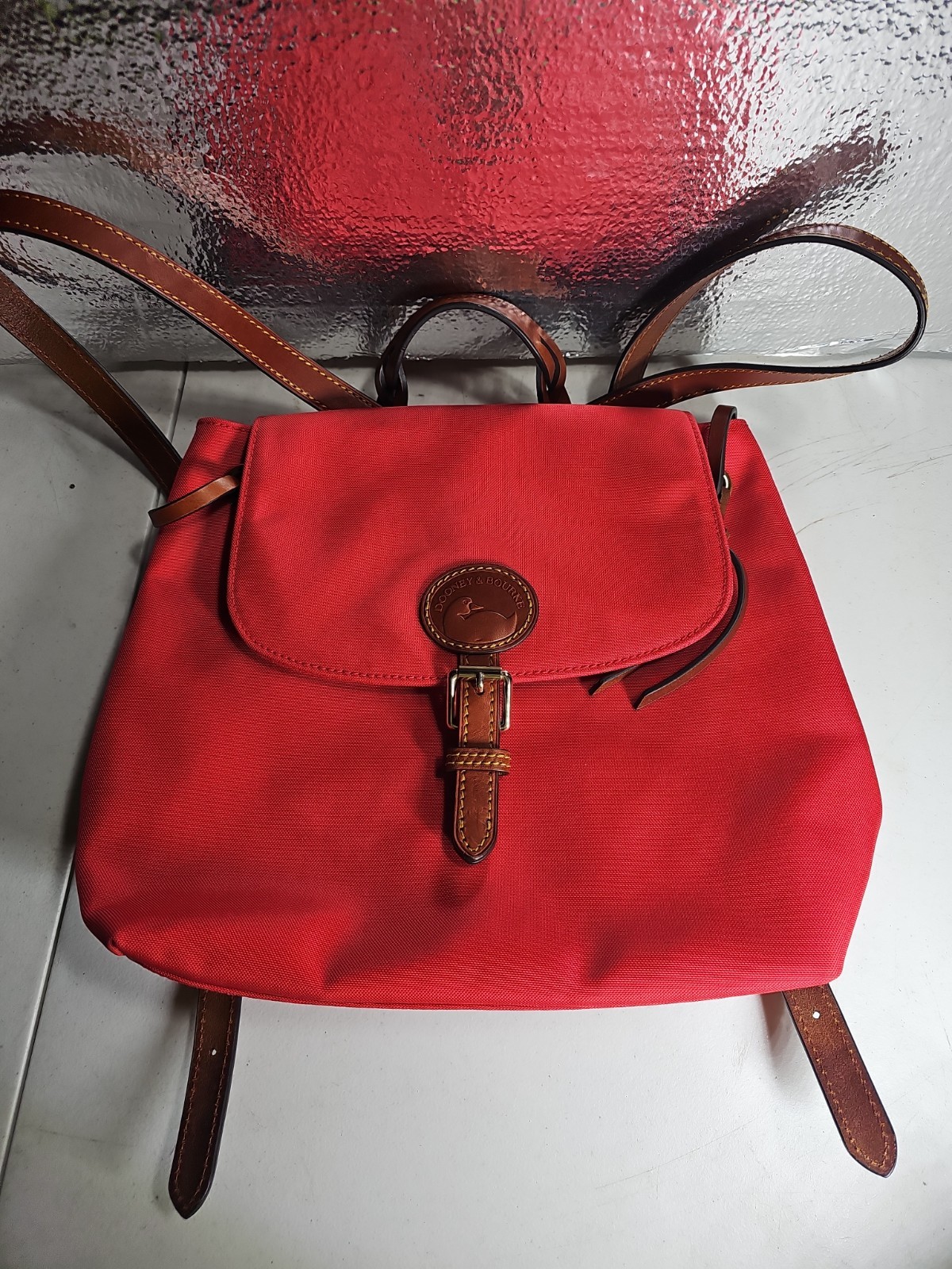 Dooney & Bourke Nylon Flap Backpack Red The Nylon Collection W/Vacchetta Leather