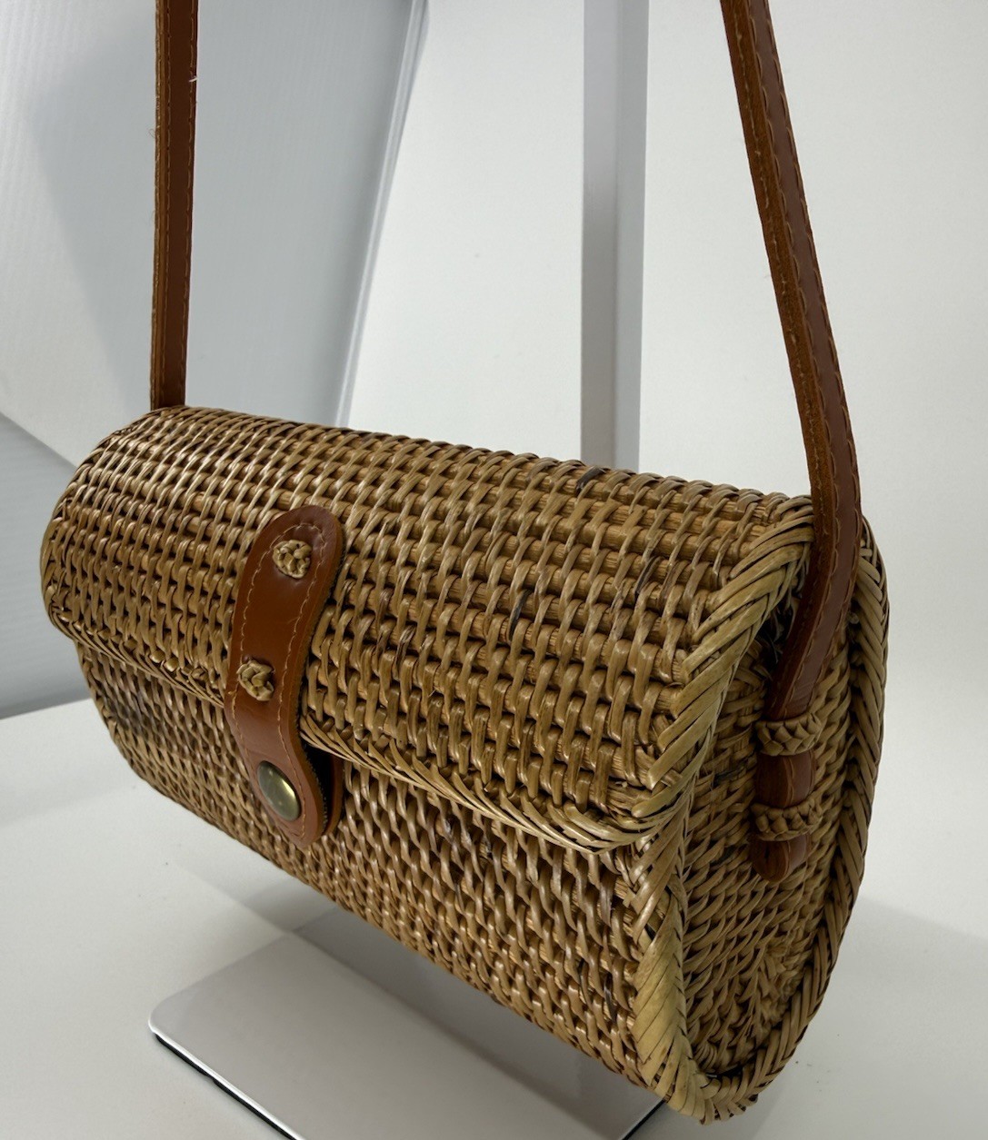 Mini Barrel Bali Ata Grass Rattan Crossbody Bag Batik Lined Boho Wicker Purse