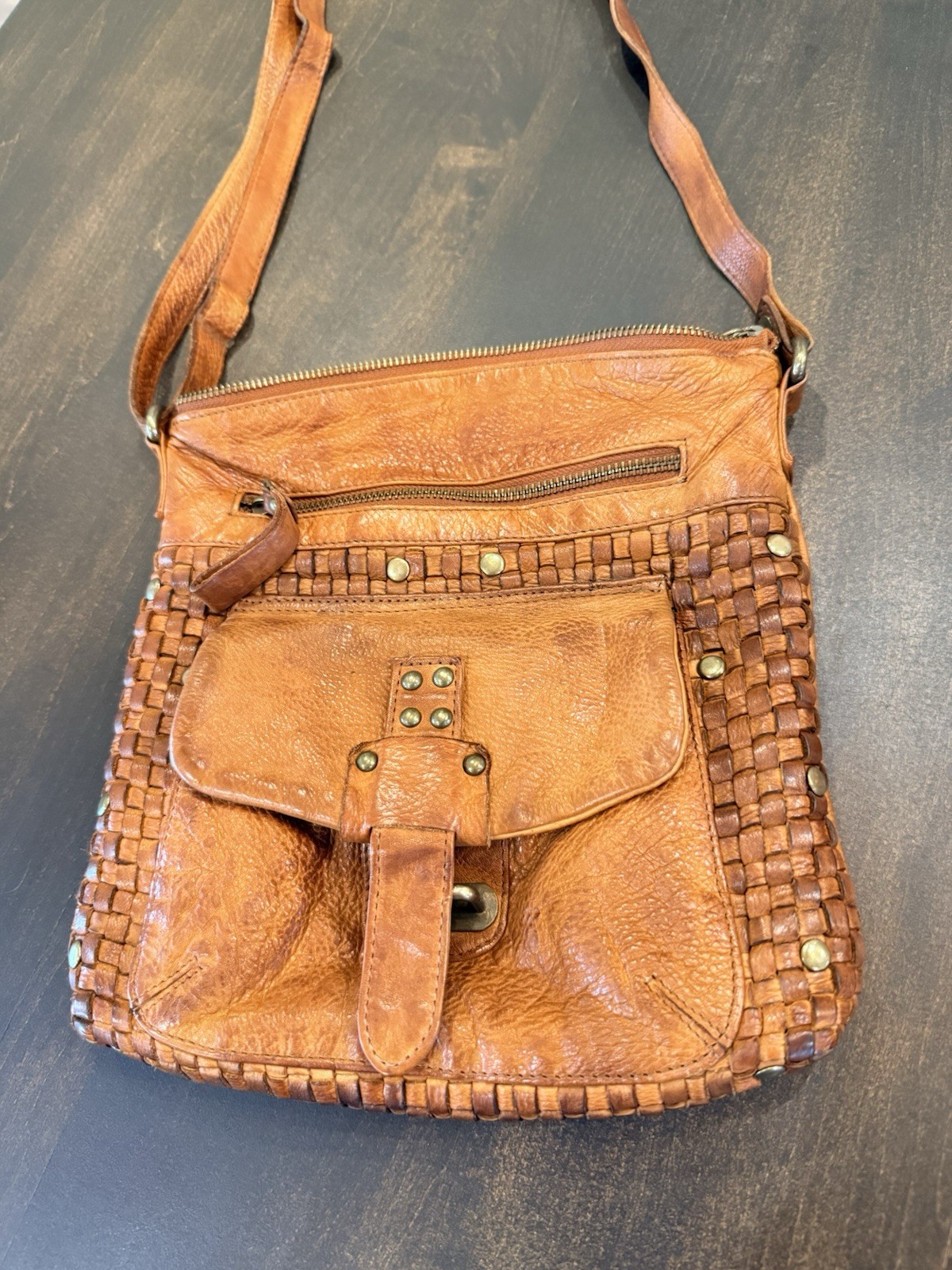 Oak Leathers Crossbody Messenger Shoulder bag Cognac Weave Handmade India