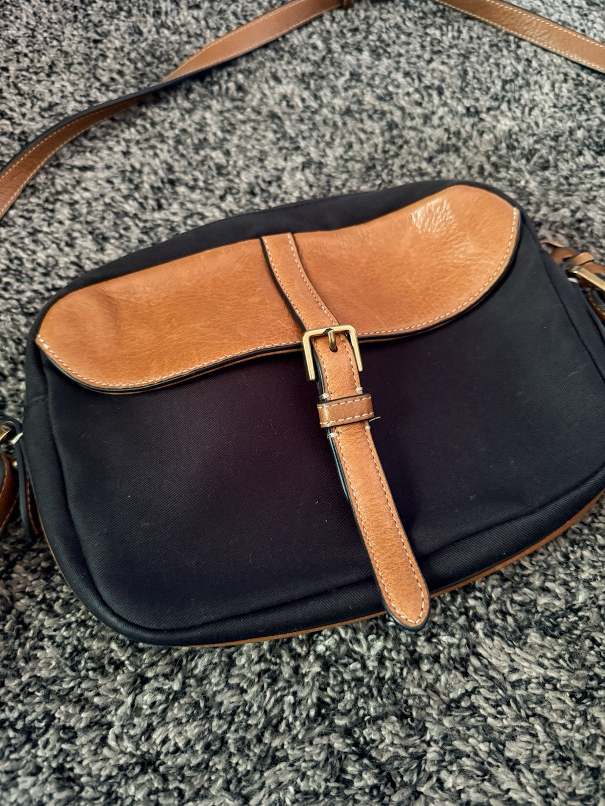 Fossil Key-Per Crossbody Bag Black Nylon Brown Leather Trim Key Charm
