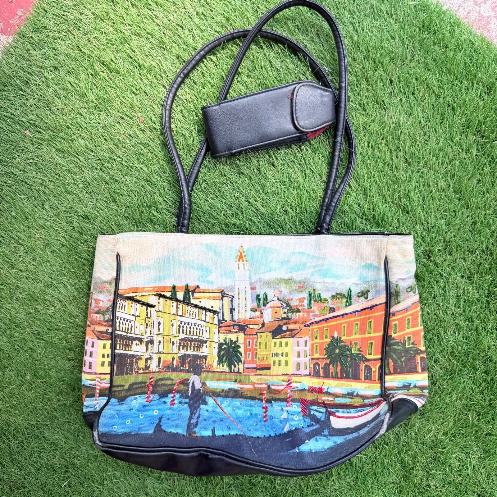 Y2K Vintage Venice Italy Gondola water canal scenic print design tote bag
