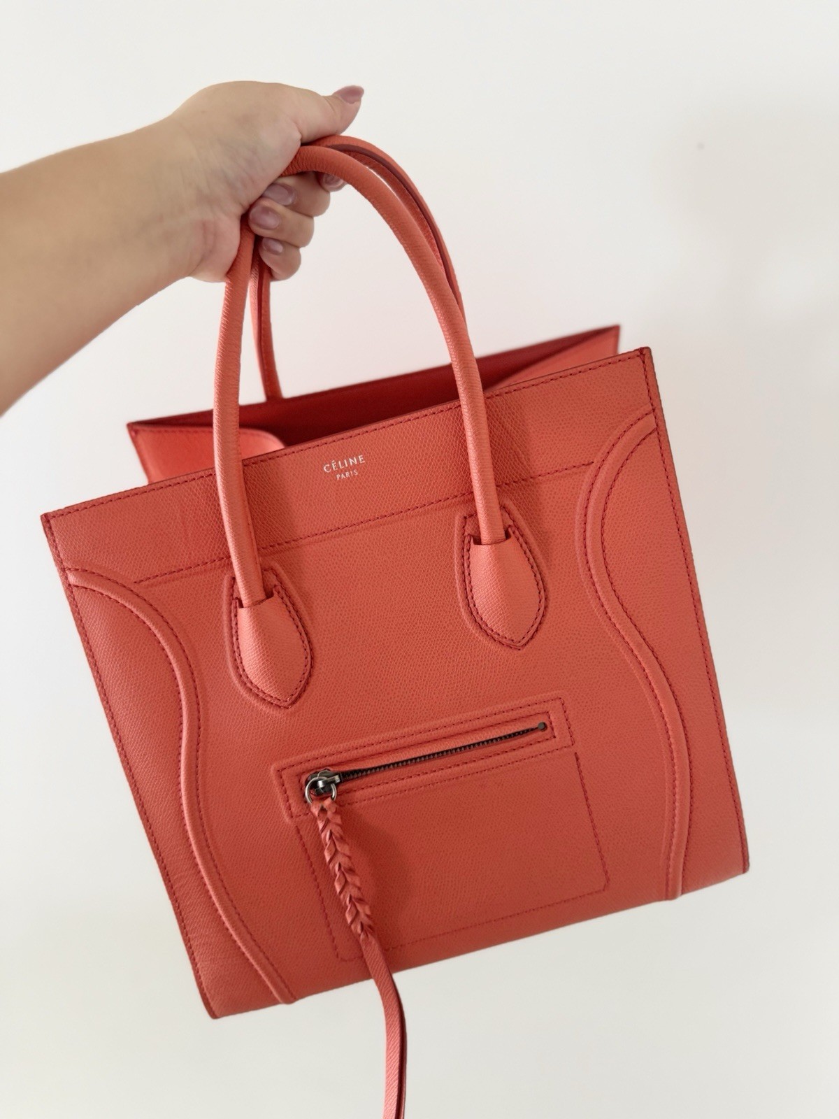 100% AUTHENTIC CELINE Luggage Phantom Bag in Coral Orange – Grained Leather