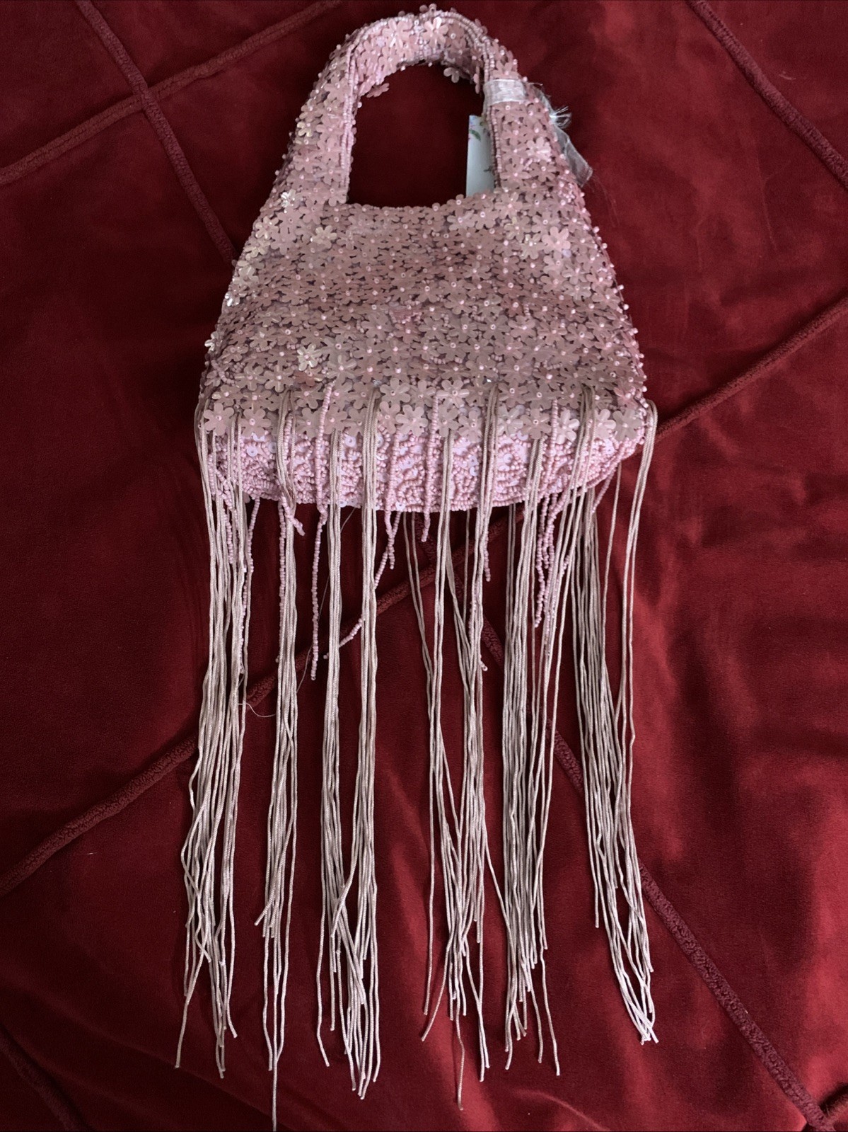 Handcrafted Beaded Bag Made in India Viral Tiktok Pink Flower Fringe Rare Boho