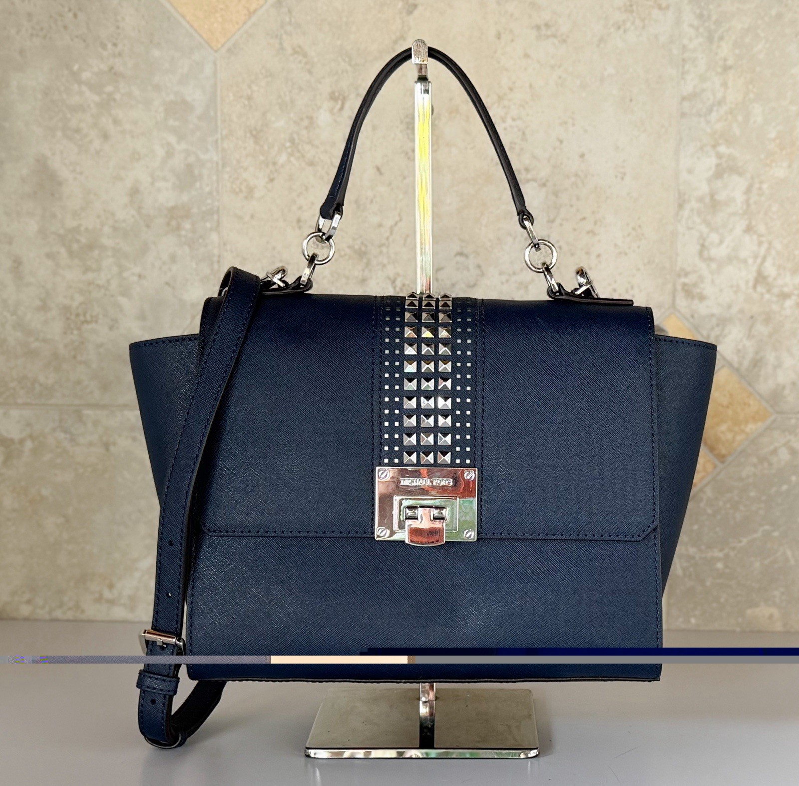 Michael Kors Tina MD Top Handle Satchel Shoulder Crossbody Bag Dark Navy
